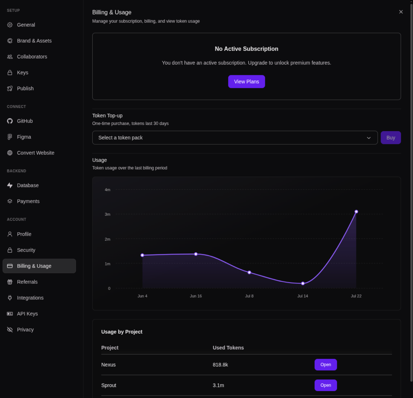 Billing & Usage tab with subscription status, token top-up, usage chart, and usage by project