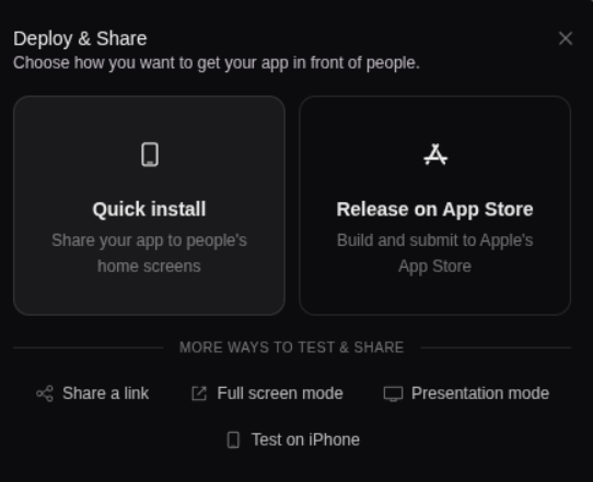 The Deploy & Share dialog where you choose Quick install