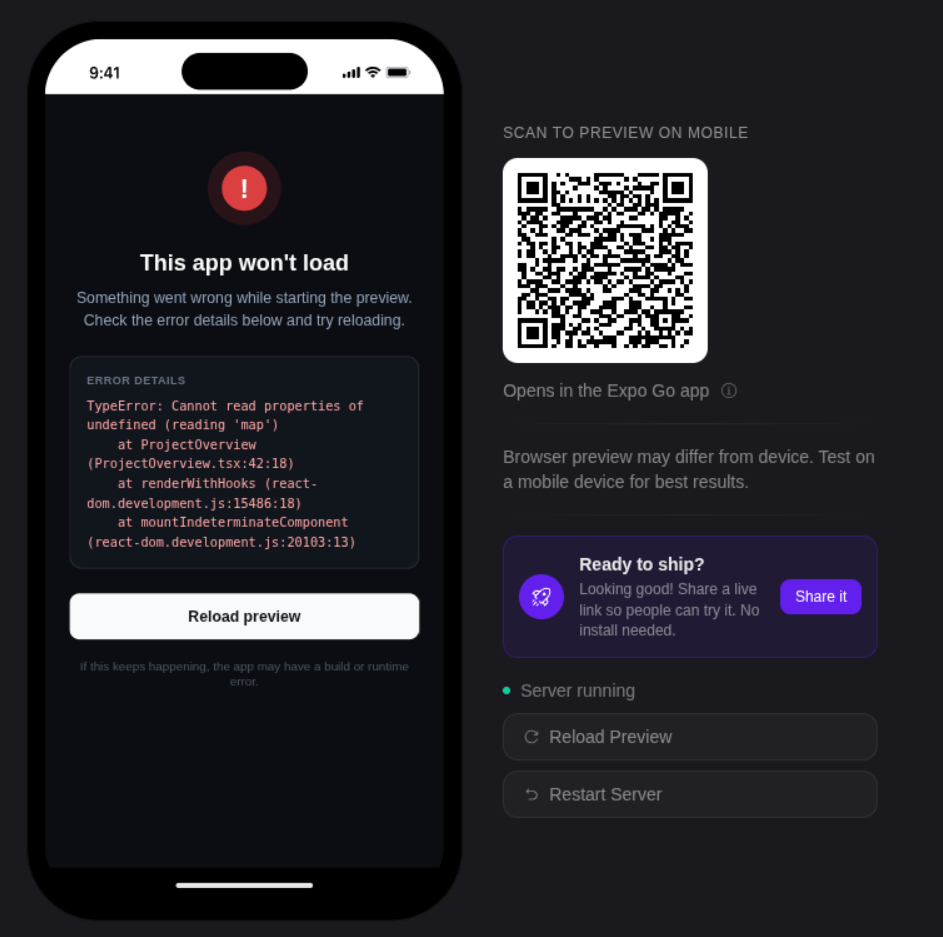 Preview error state with error details and the Reload preview button