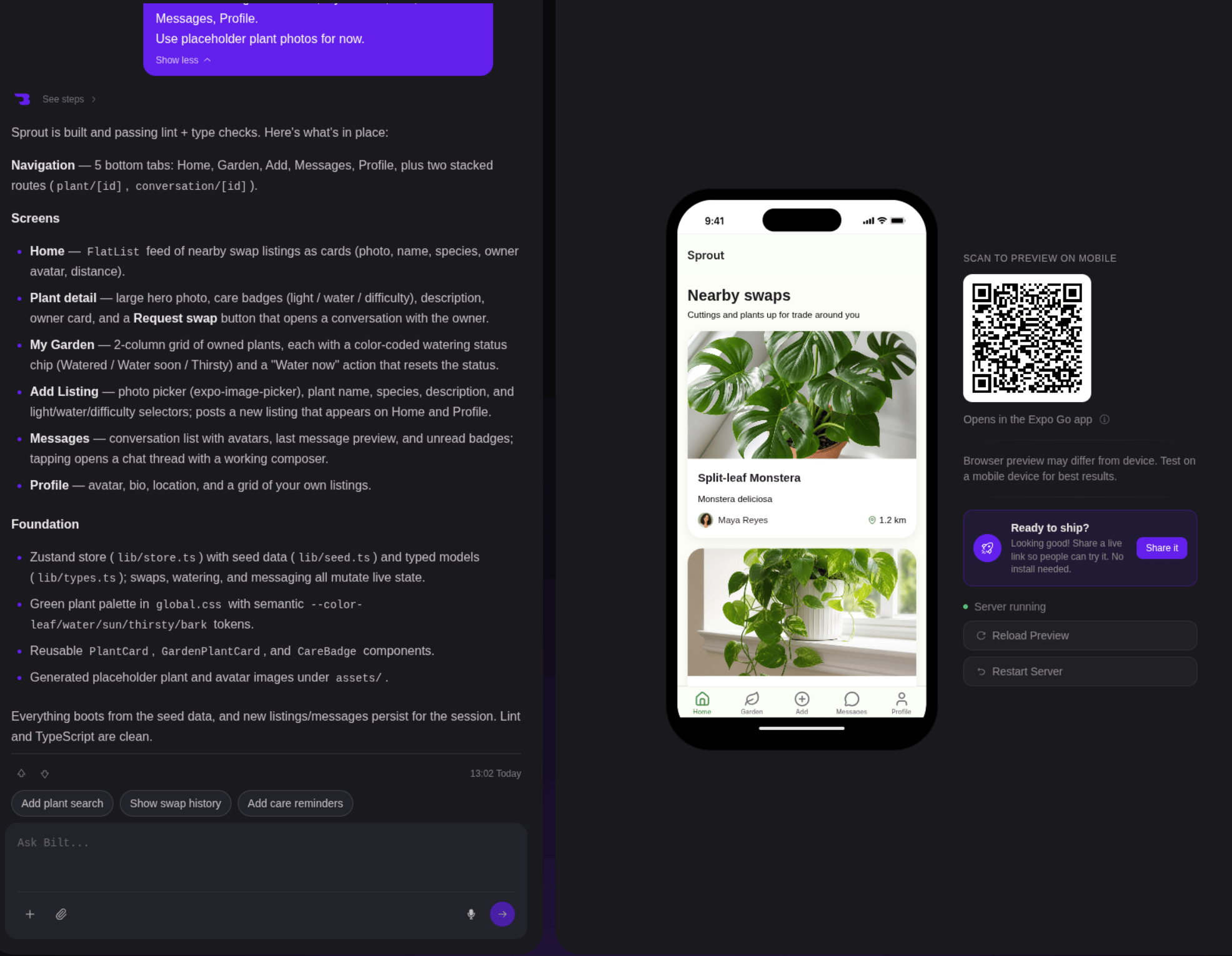 Workspace with chat on the left and the live phone preview with QR code on the right