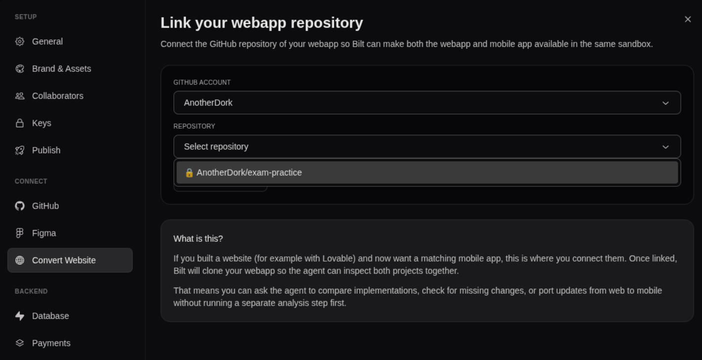 Convert Website settings: choosing the GitHub account and web app repository to link