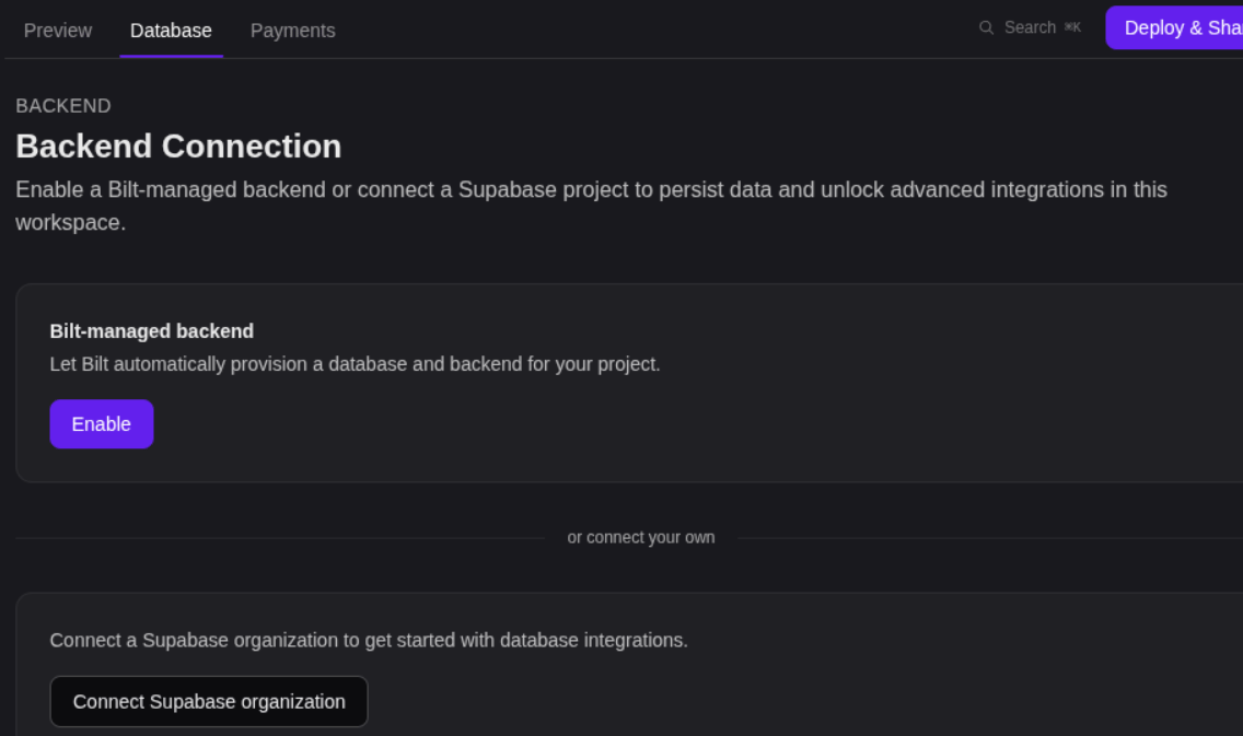 Backend Connection screen with the Bilt-managed backend Enable button