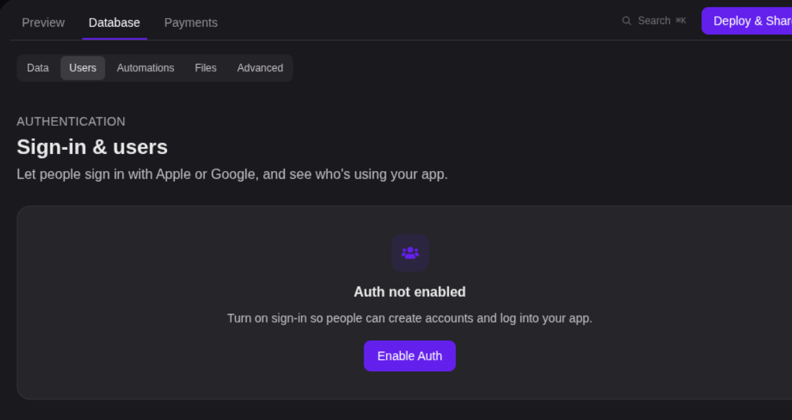 The Users tab before sign-in is enabled, with the Enable Auth button