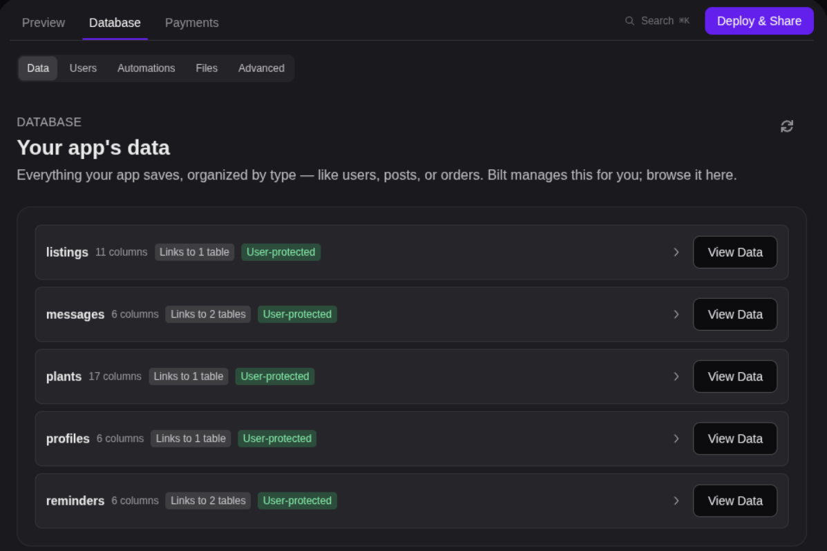 The Data tab populated with tables, their columns, links, and protection badges