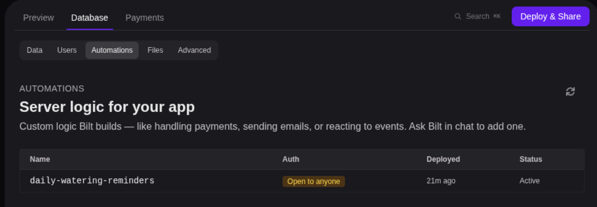 The Automations tab listing a deployed function with its auth and status