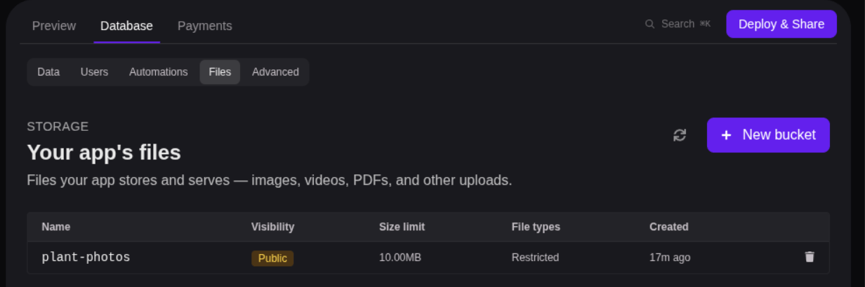 The Files tab with a storage bucket, its visibility, size limit, and file types