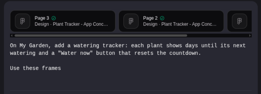 The chat composer with attached frame chips and a build instruction