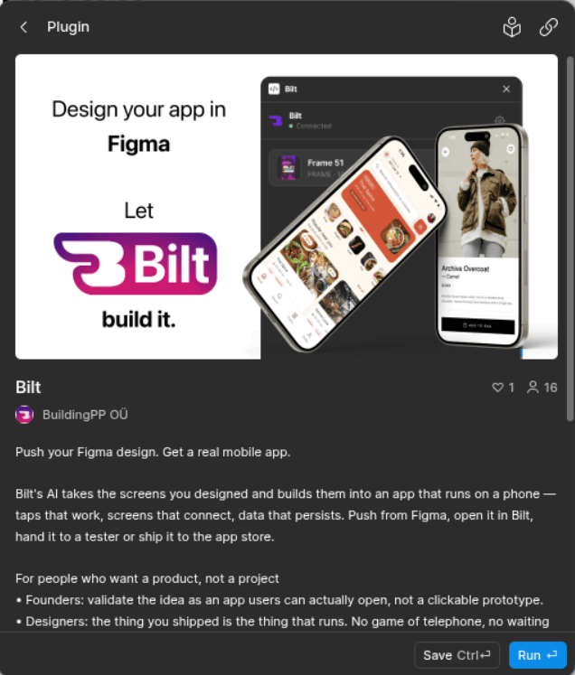 The Bilt plugin page in Figma with the Run button