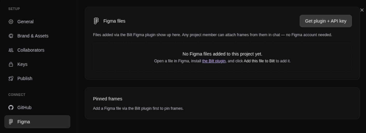 The Figma tab in project settings with the Get plugin + API key button