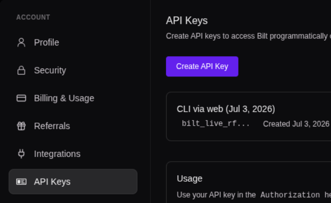 The API Keys settings page with the Create API Key button