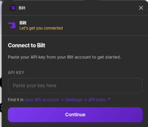 The plugin asking for your Bilt API key