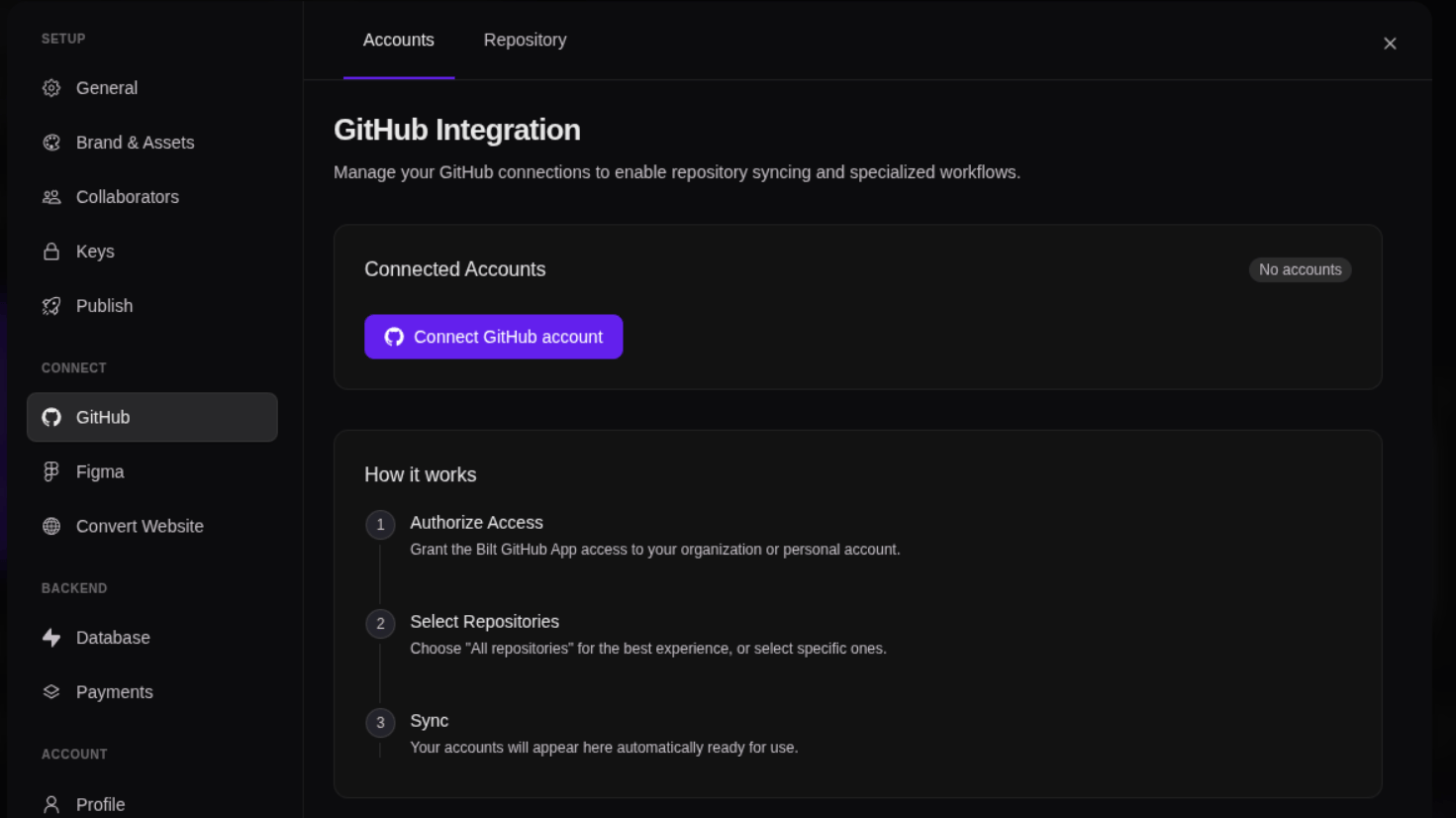 The GitHub Accounts tab with the Connect GitHub account button