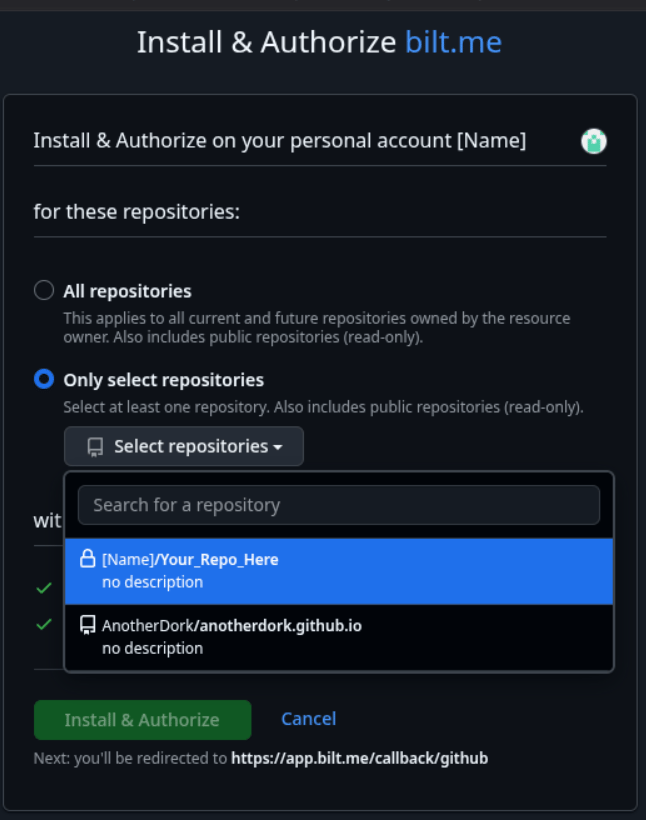 GitHub's Install & Authorize page with repository access options