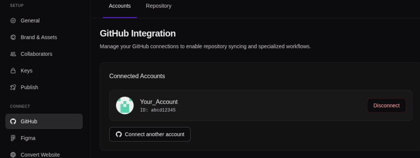 A connected GitHub account on the Accounts tab