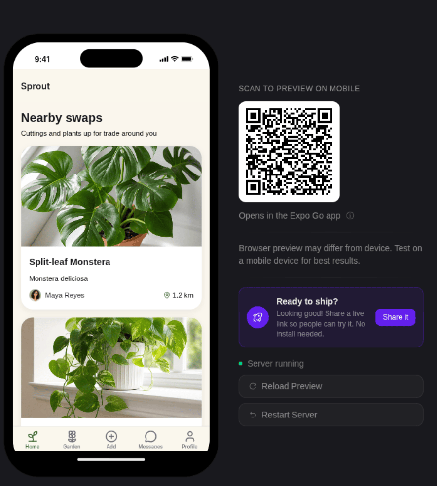 The preview panel: phone frame, Expo Go QR code, server status, and Reload Preview / Restart Server buttons