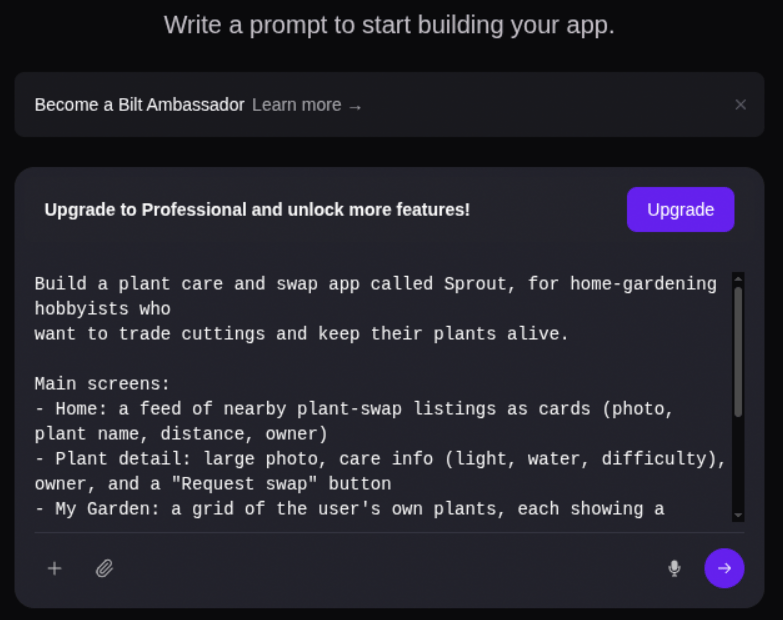 The dashboard prompt box where you describe your app