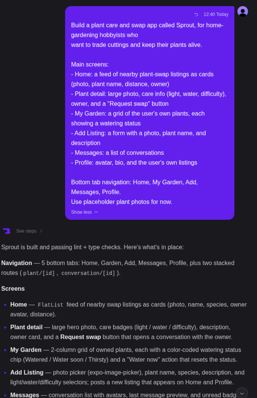 Chat view during a build, with the agent summarizing the screens it created