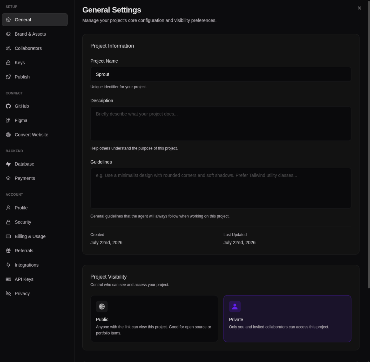 The Settings dialog on General Settings, with Setup, Connect, Backend, and Account sections