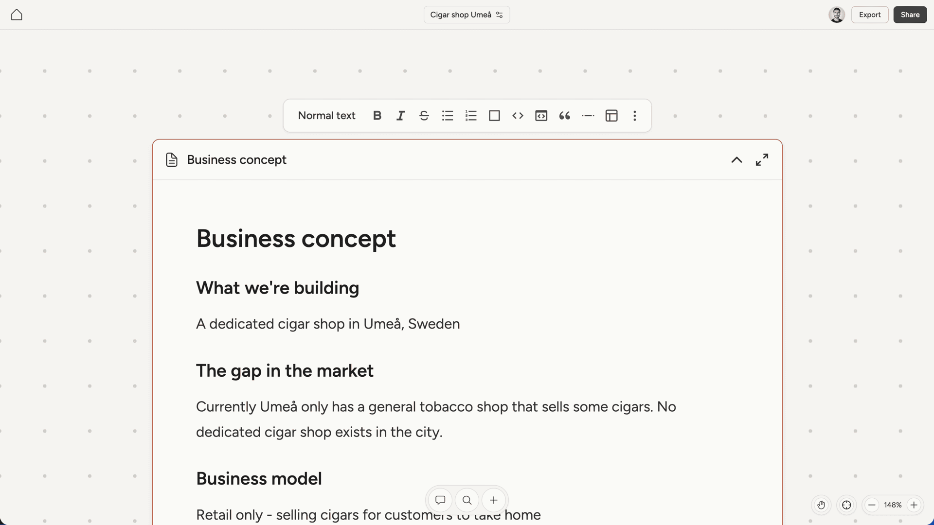 Document selected with formatting toolbar visible