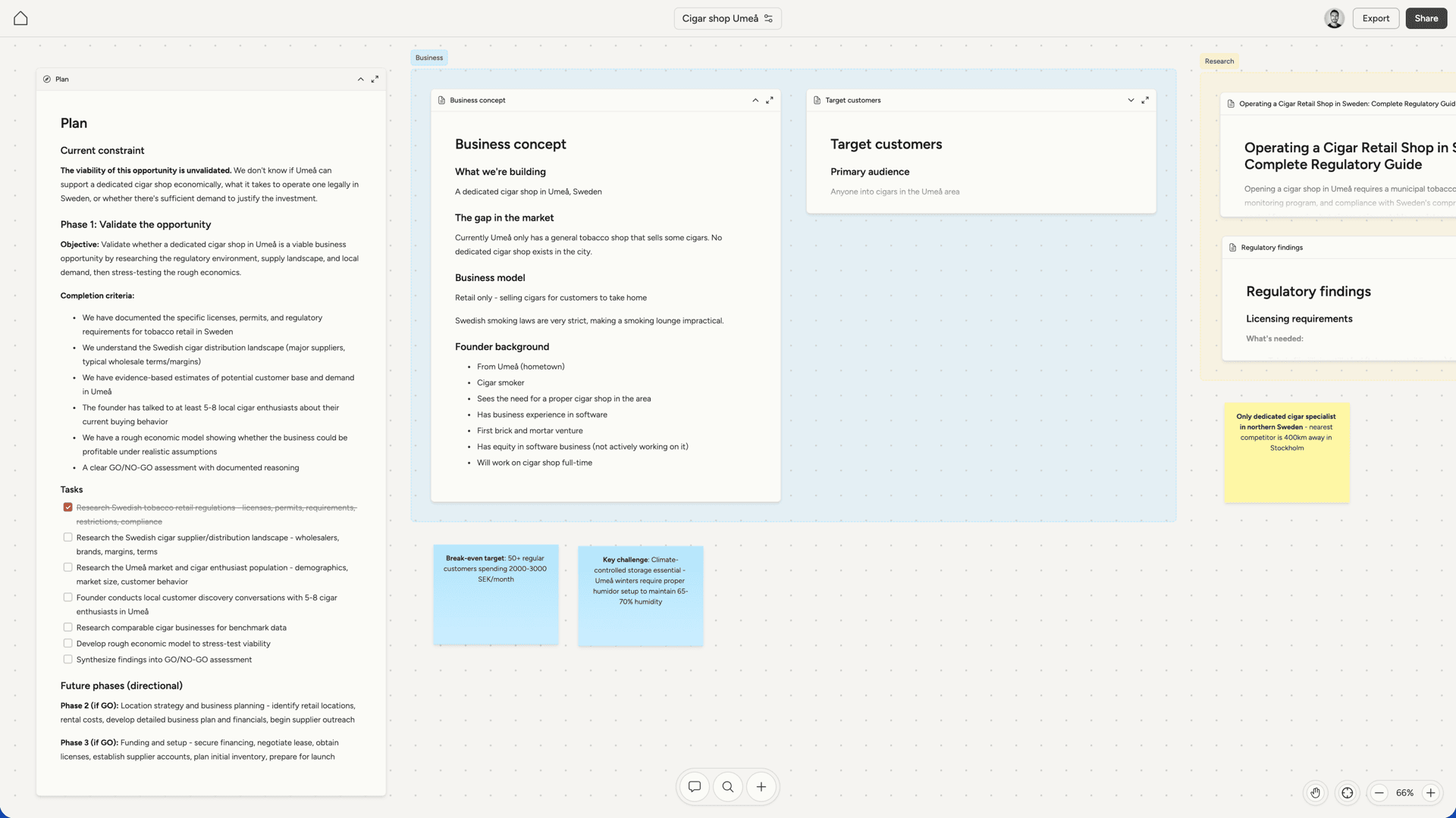 Canvas with multiple document types including product overview and research