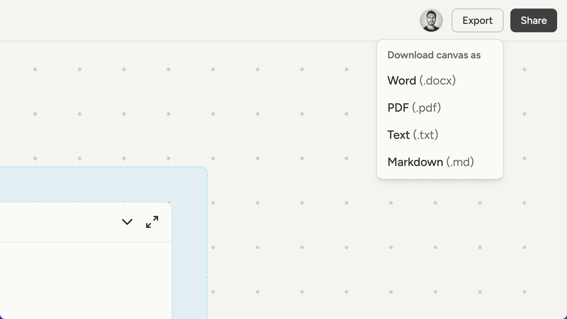 Export menu showing format options