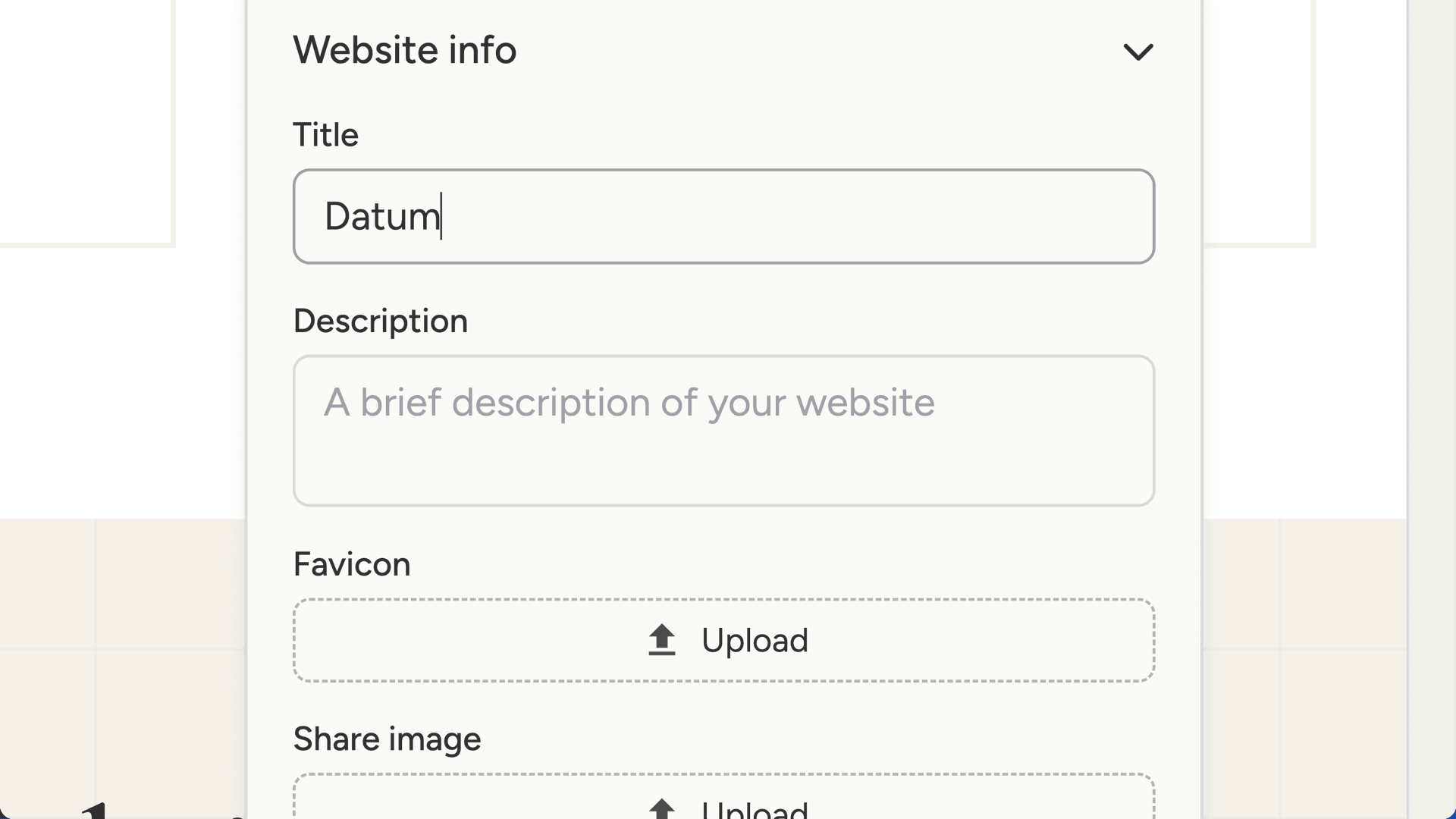 Website info section showing title, description, favicon, and share image fields