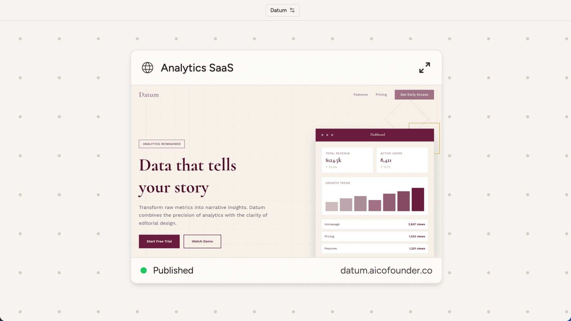 Website card on the canvas showing a thumbnail preview