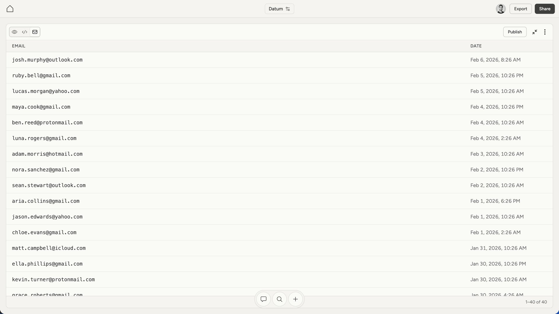 Website builder showing captured email addresses