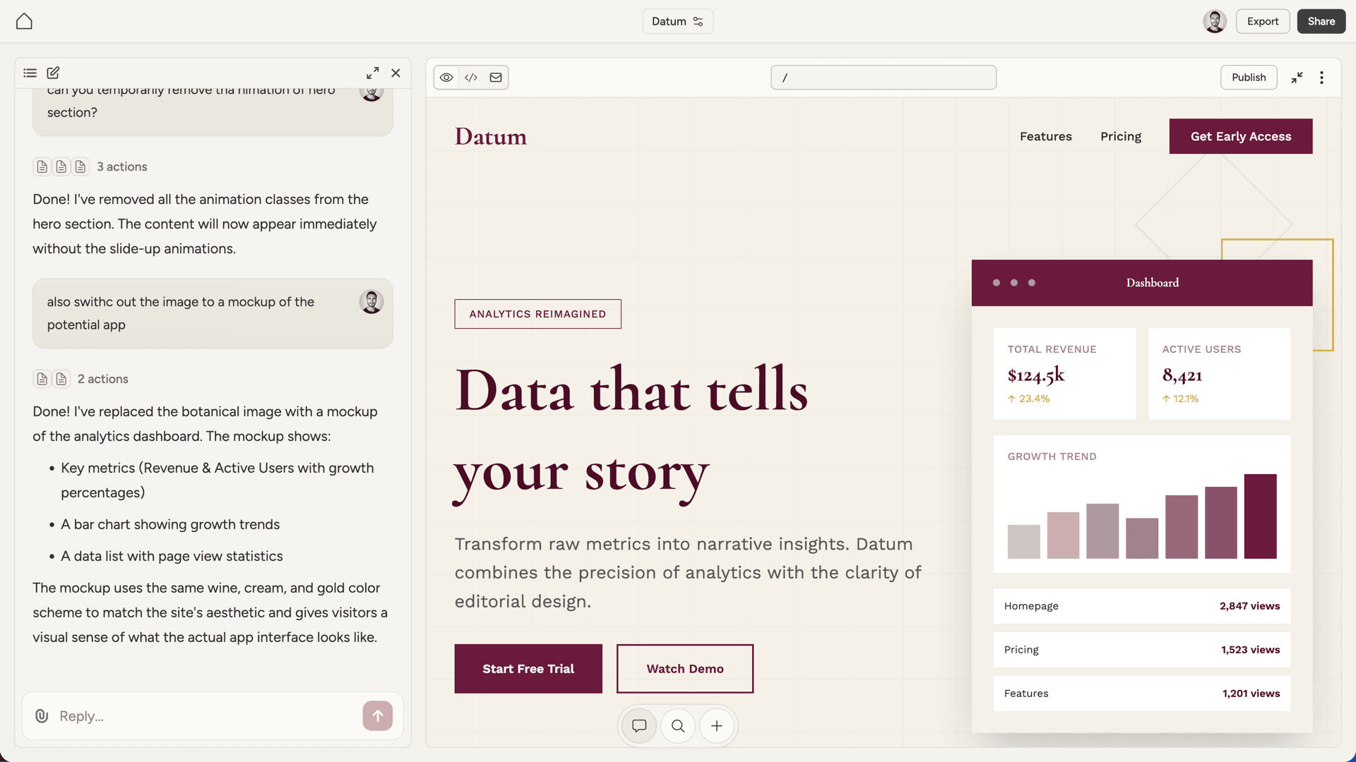 Website builder showing a live preview of a website