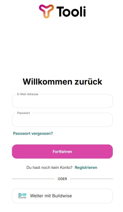 Tooli Registrierungsbildschirm
