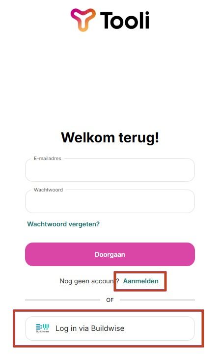 Tooli registratiescherm