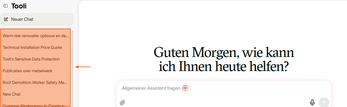 Liste früherer Chats in der Seitenleiste