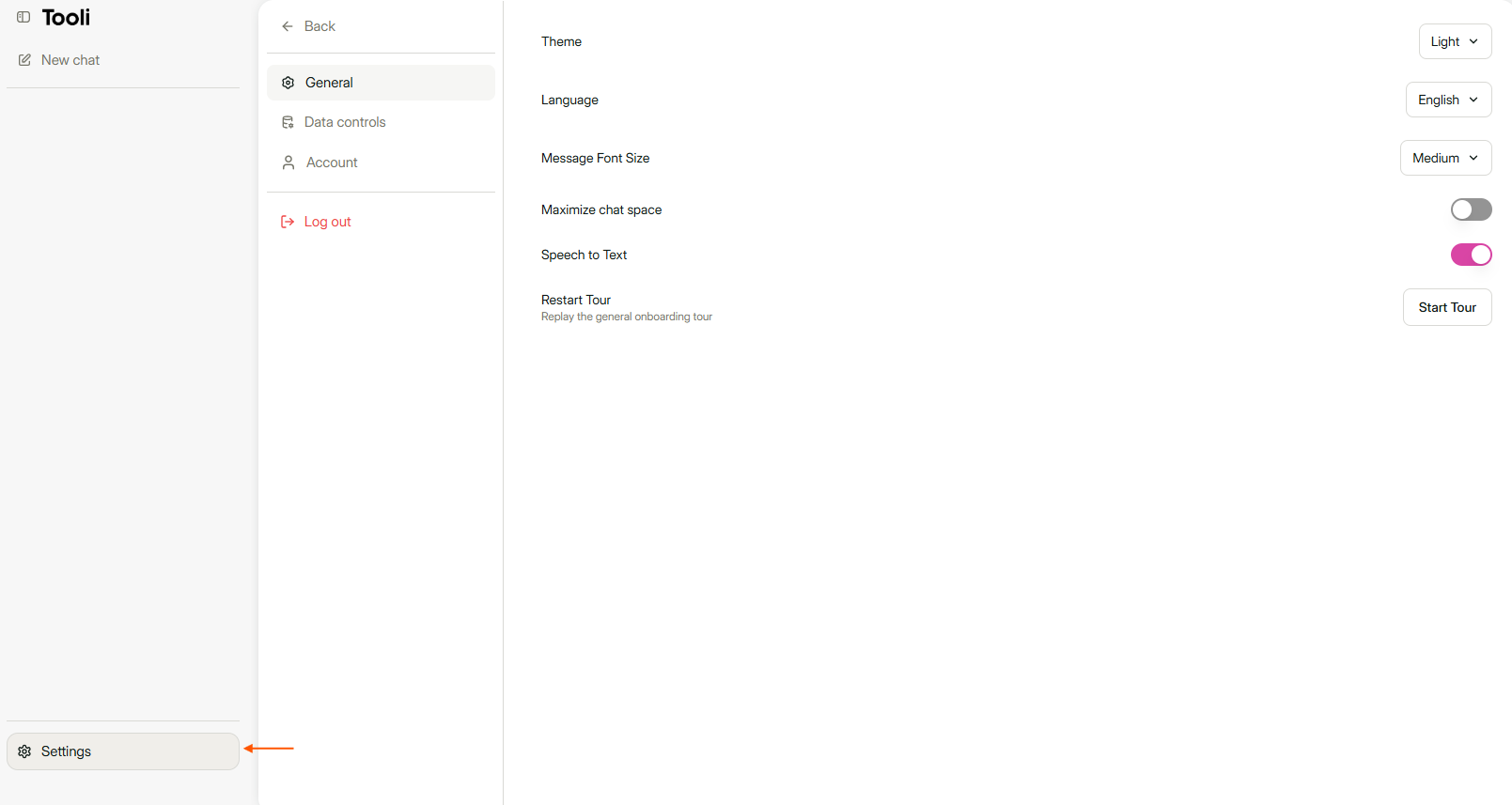 Data controls tab in settings