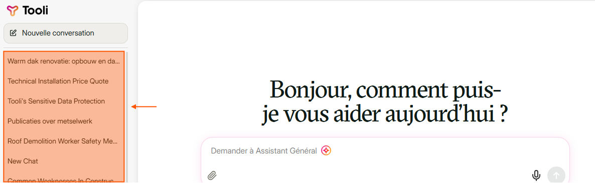 Liste des conversations précédentes dans la barre latérale