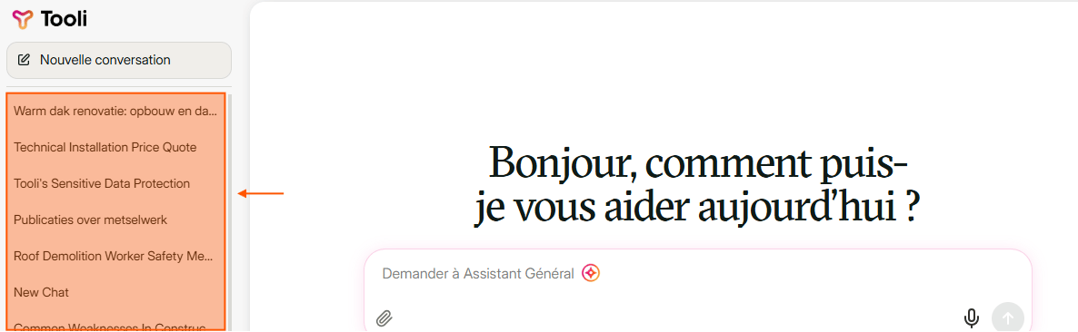 Liste des conversations précédentes dans la barre latérale