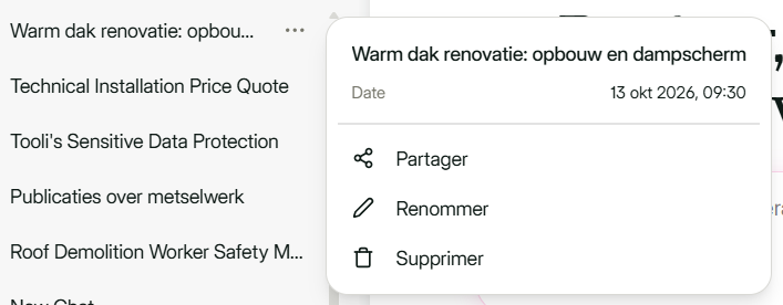 Menu avec Partager, Renommer et Supprimer