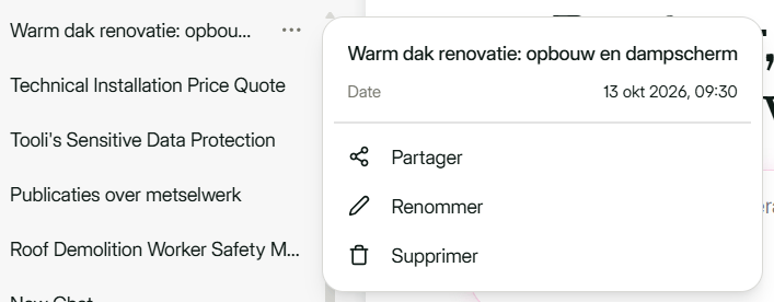 Menu avec Partager, Renommer et Supprimer