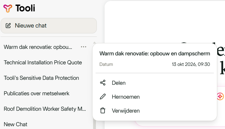 Menu met Delen, Hernoemen en Verwijderen