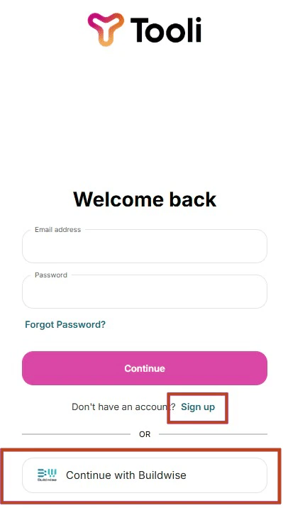 Tooli registration screen