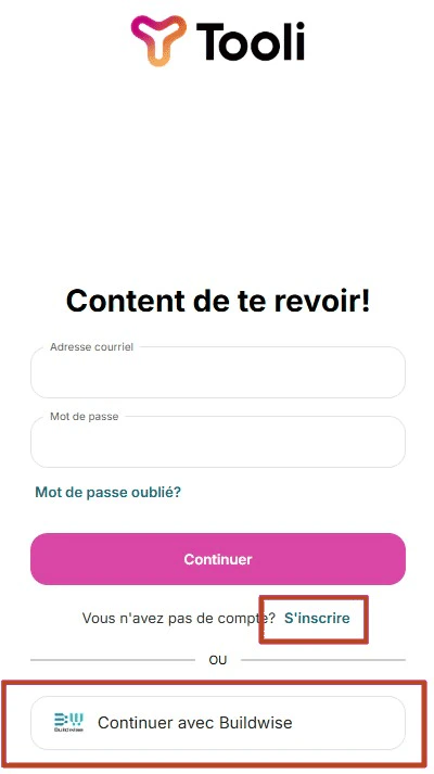 Écran d'inscription Tooli