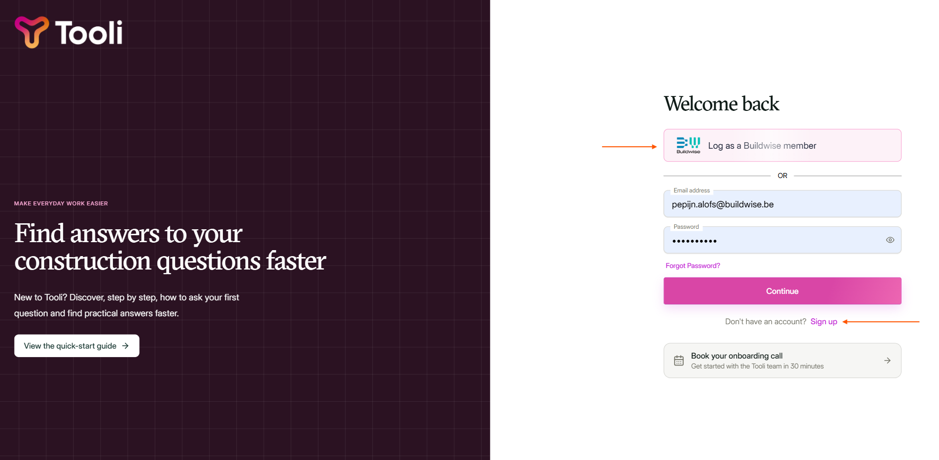 Tooli registration screen