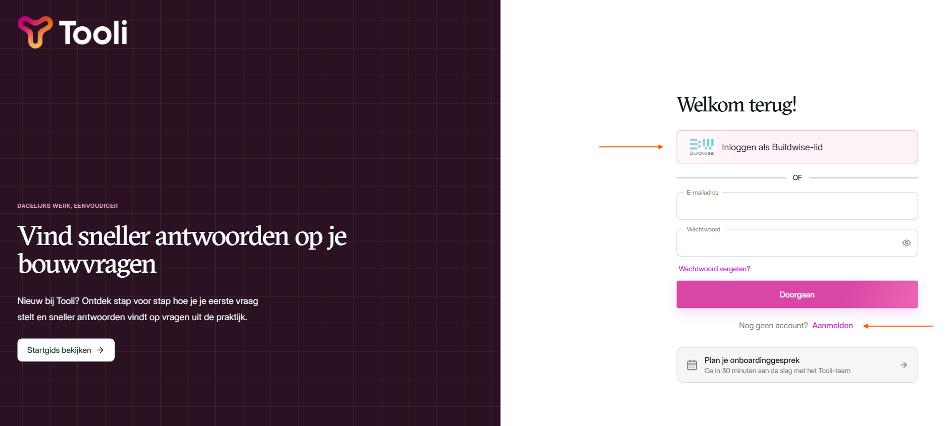 Tooli registratiescherm