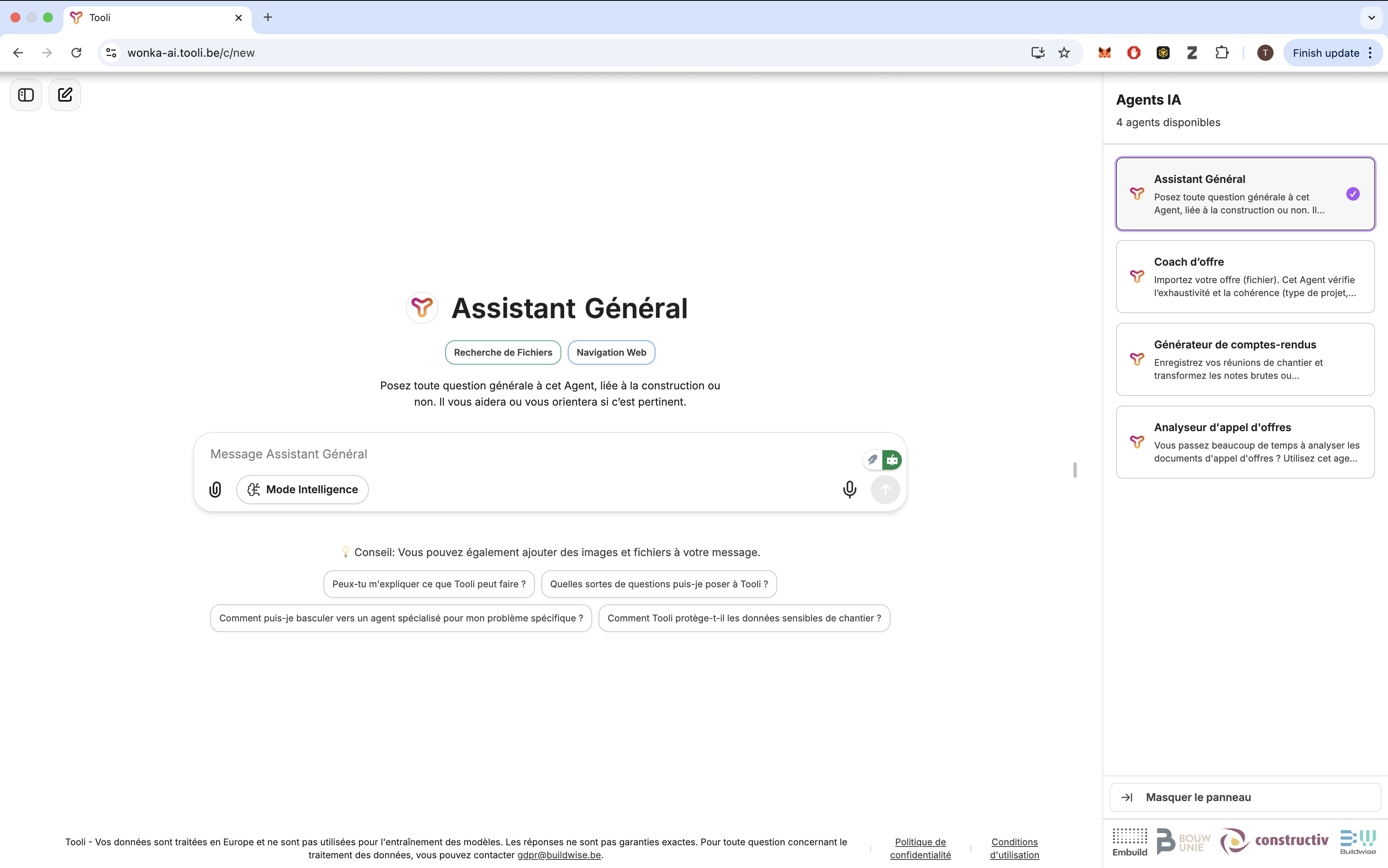 Tooli agents panel showing the four specialized construction assistants