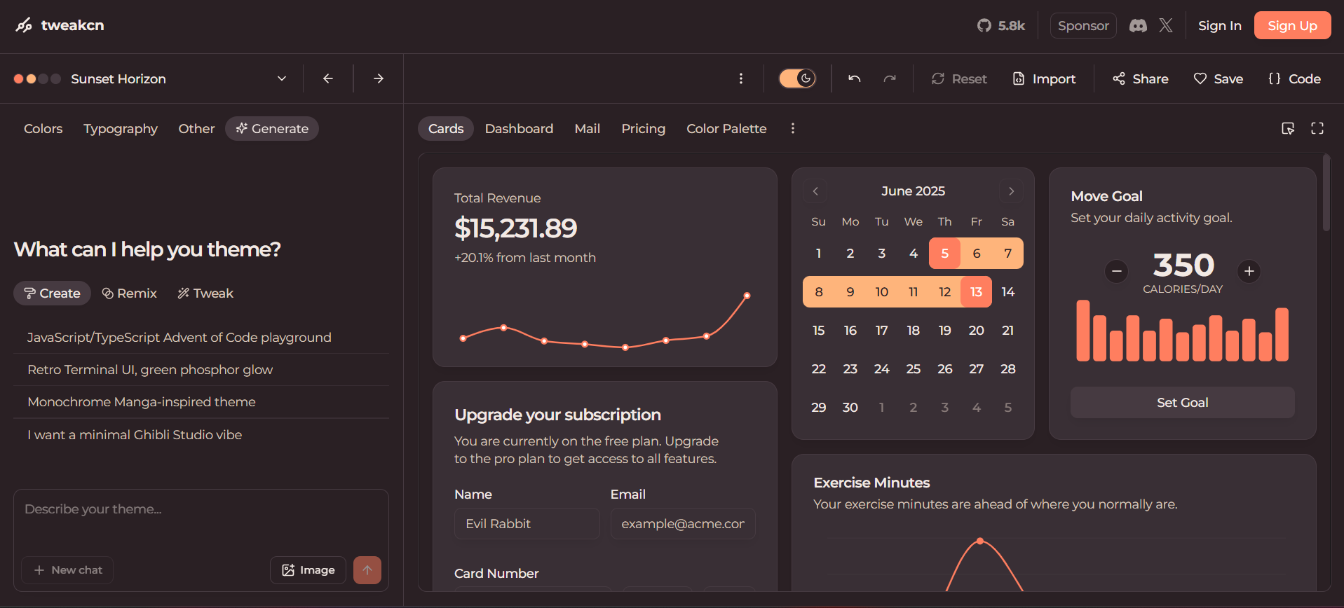 Tweakcn Editor showing the theme customization interface