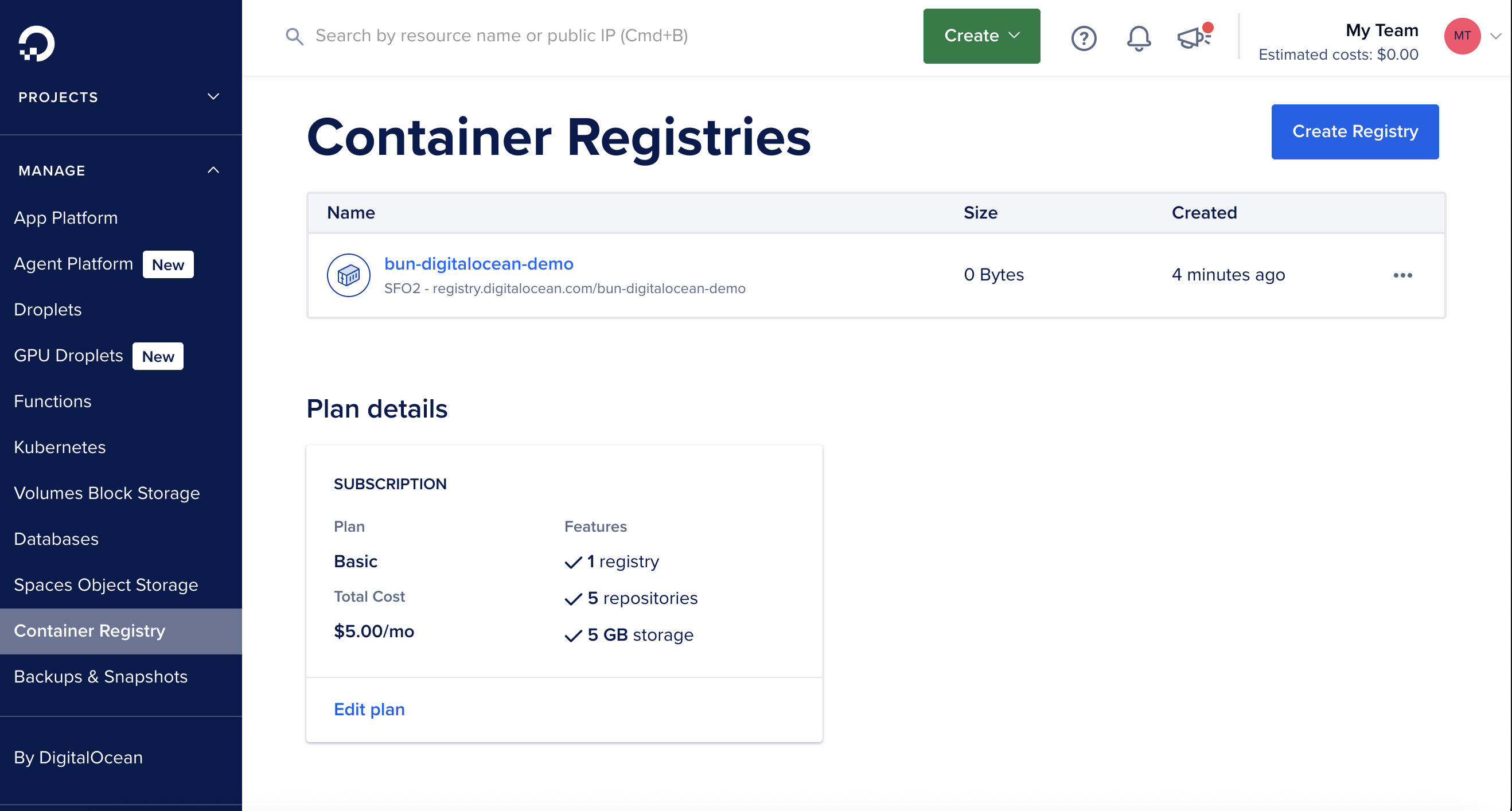 DigitalOcean registry dashboard