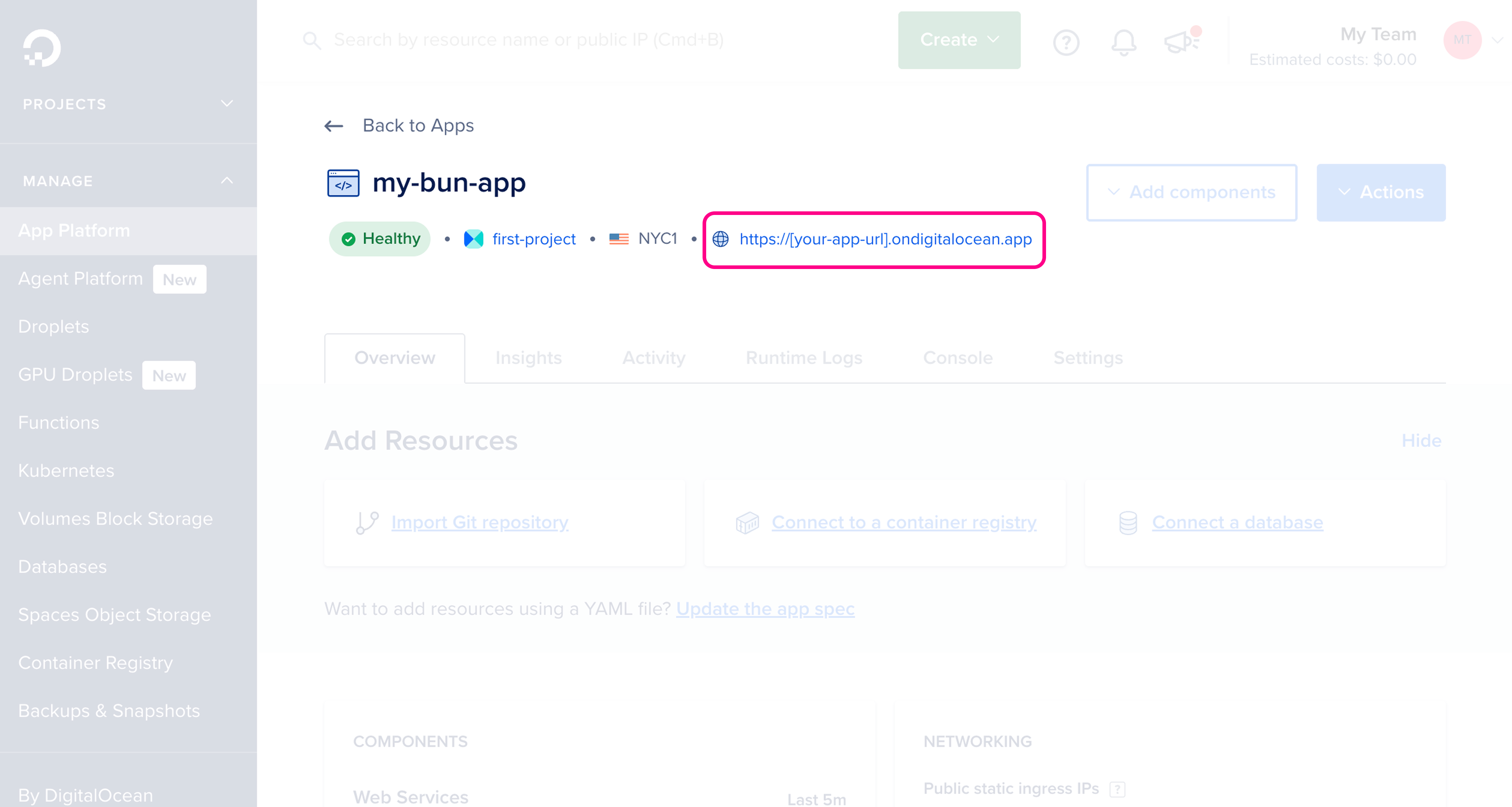 DigitalOcean App Platform app dashboard