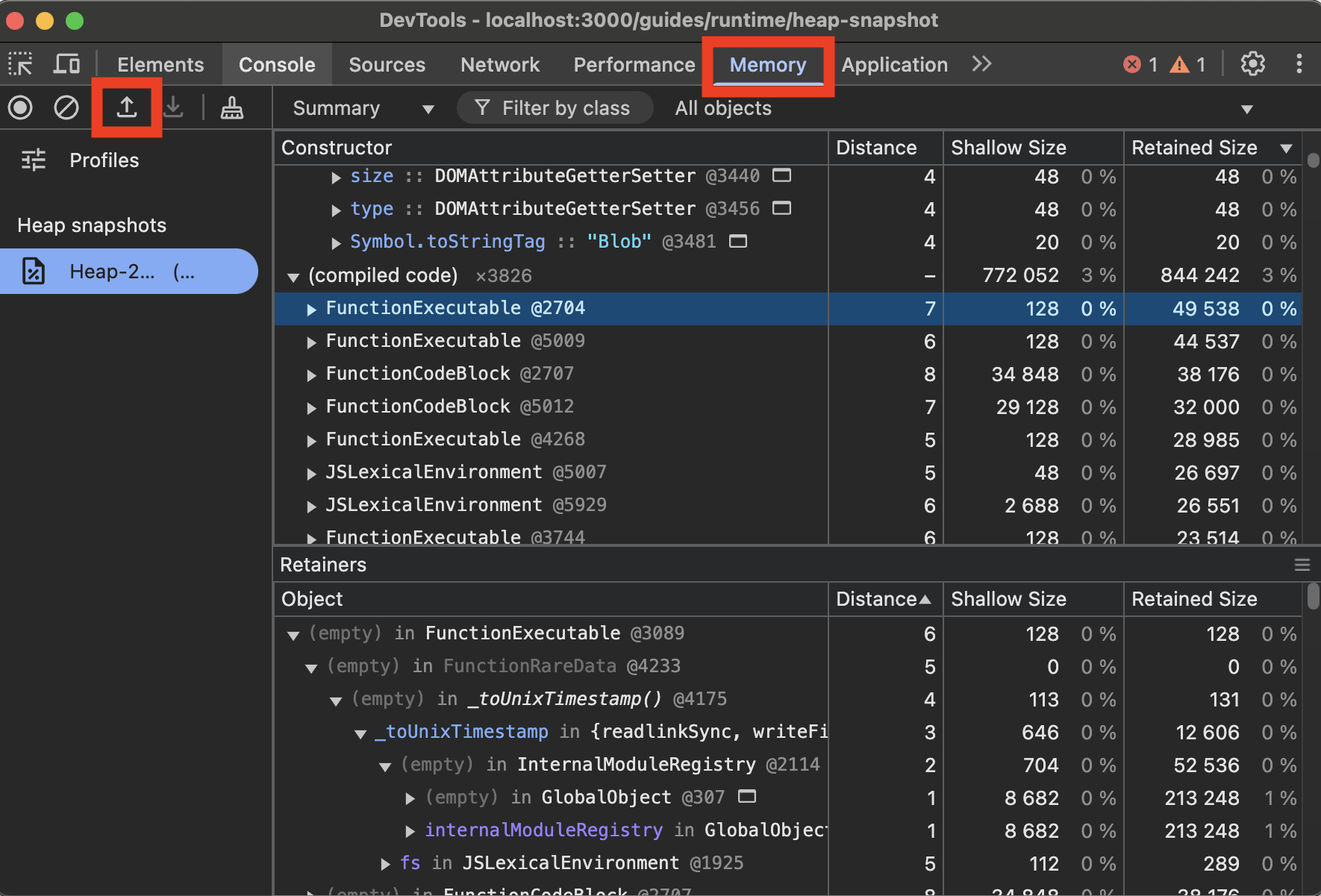 Chrome DevTools Memory Tab