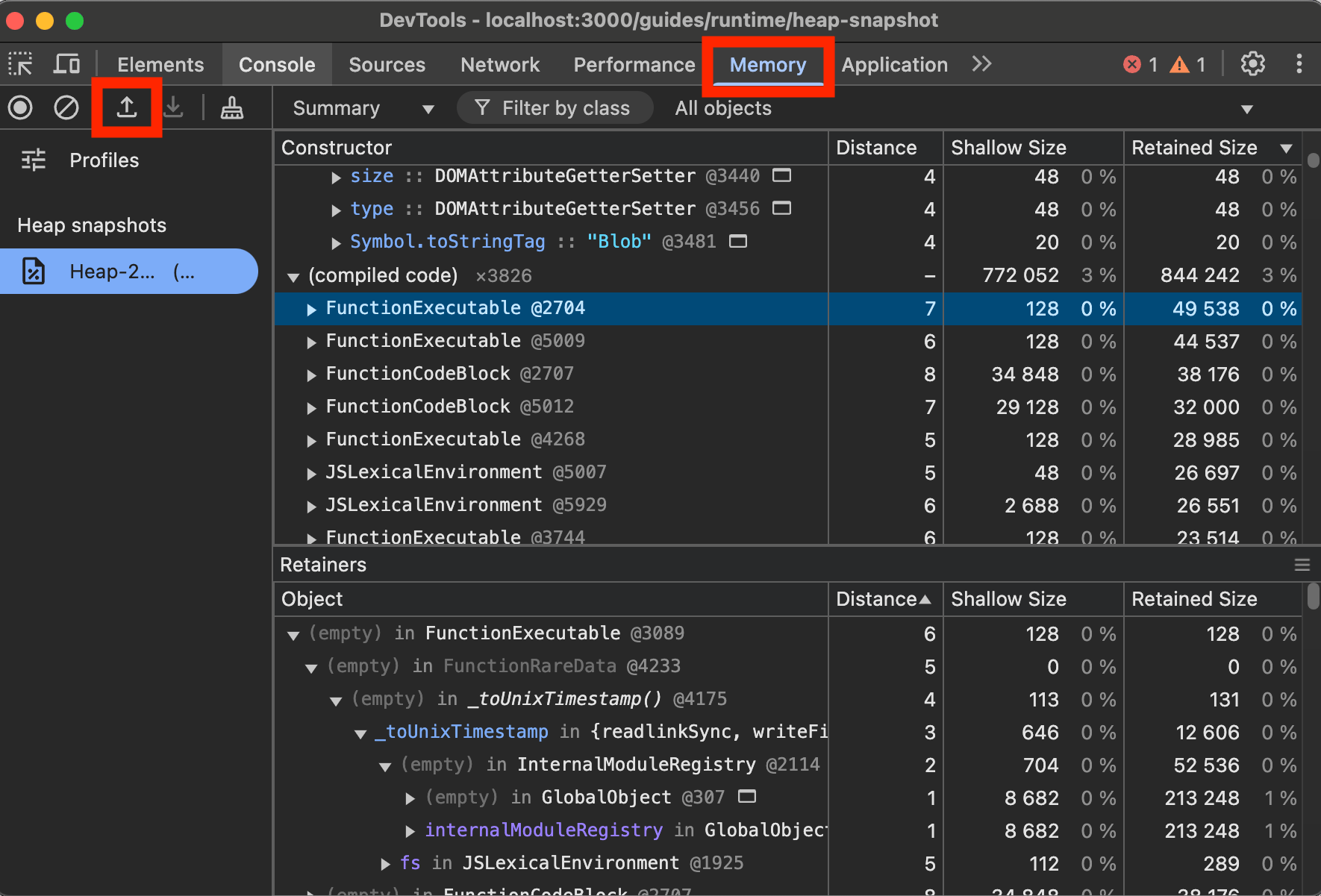 Chrome DevTools Memory Tab