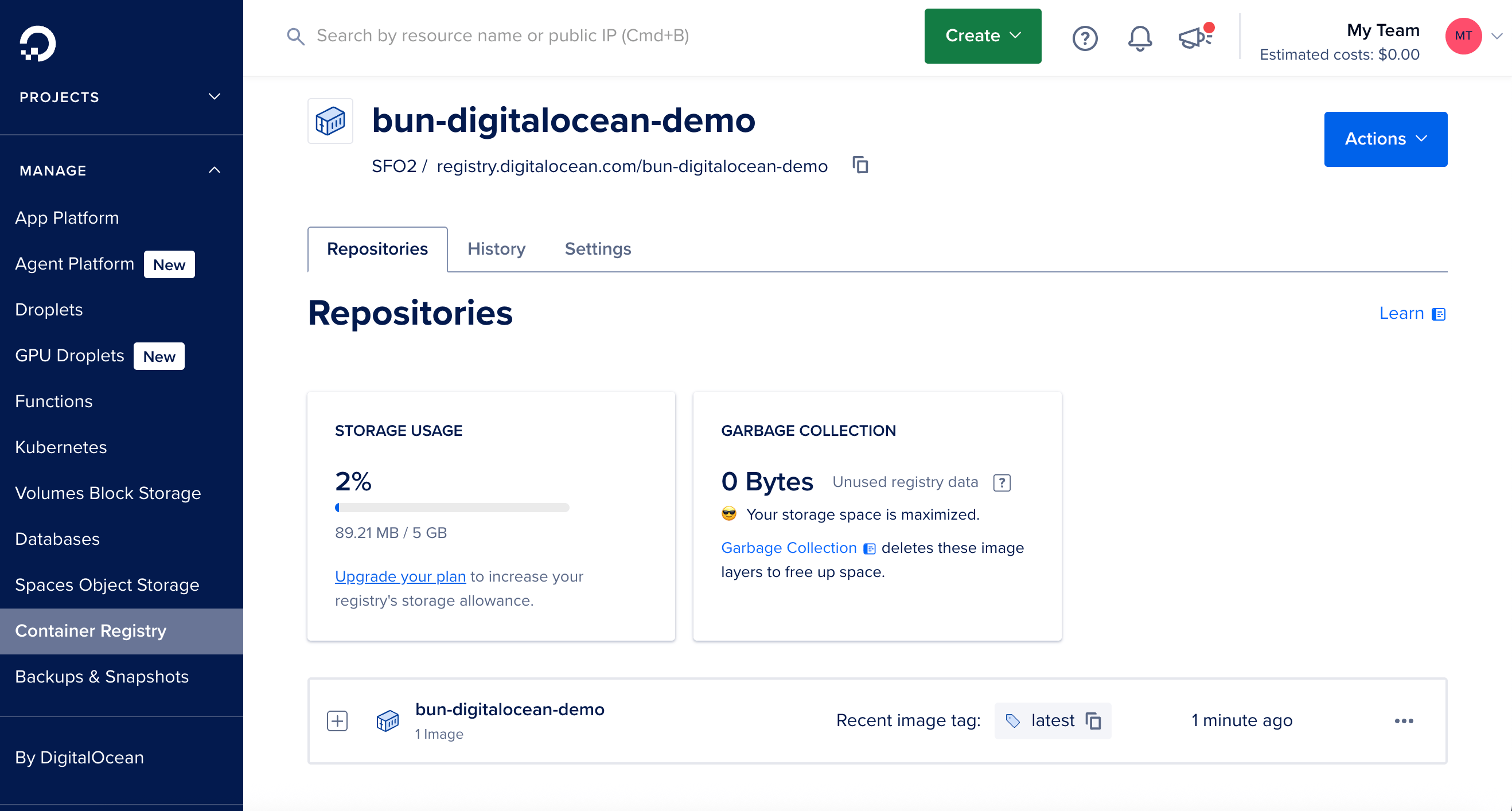 DigitalOcean registry dashboard