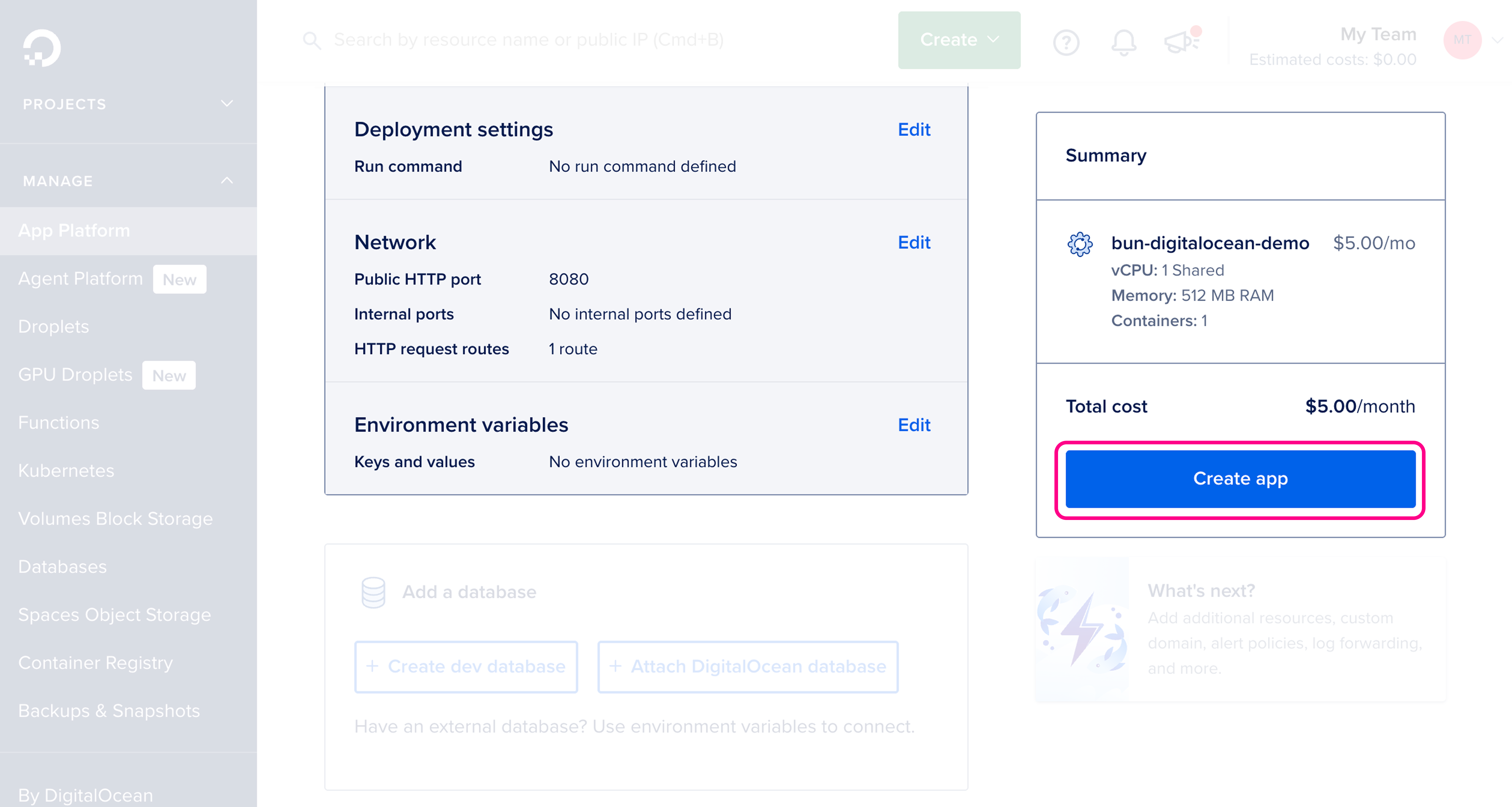 DigitalOcean App Platform service dashboard